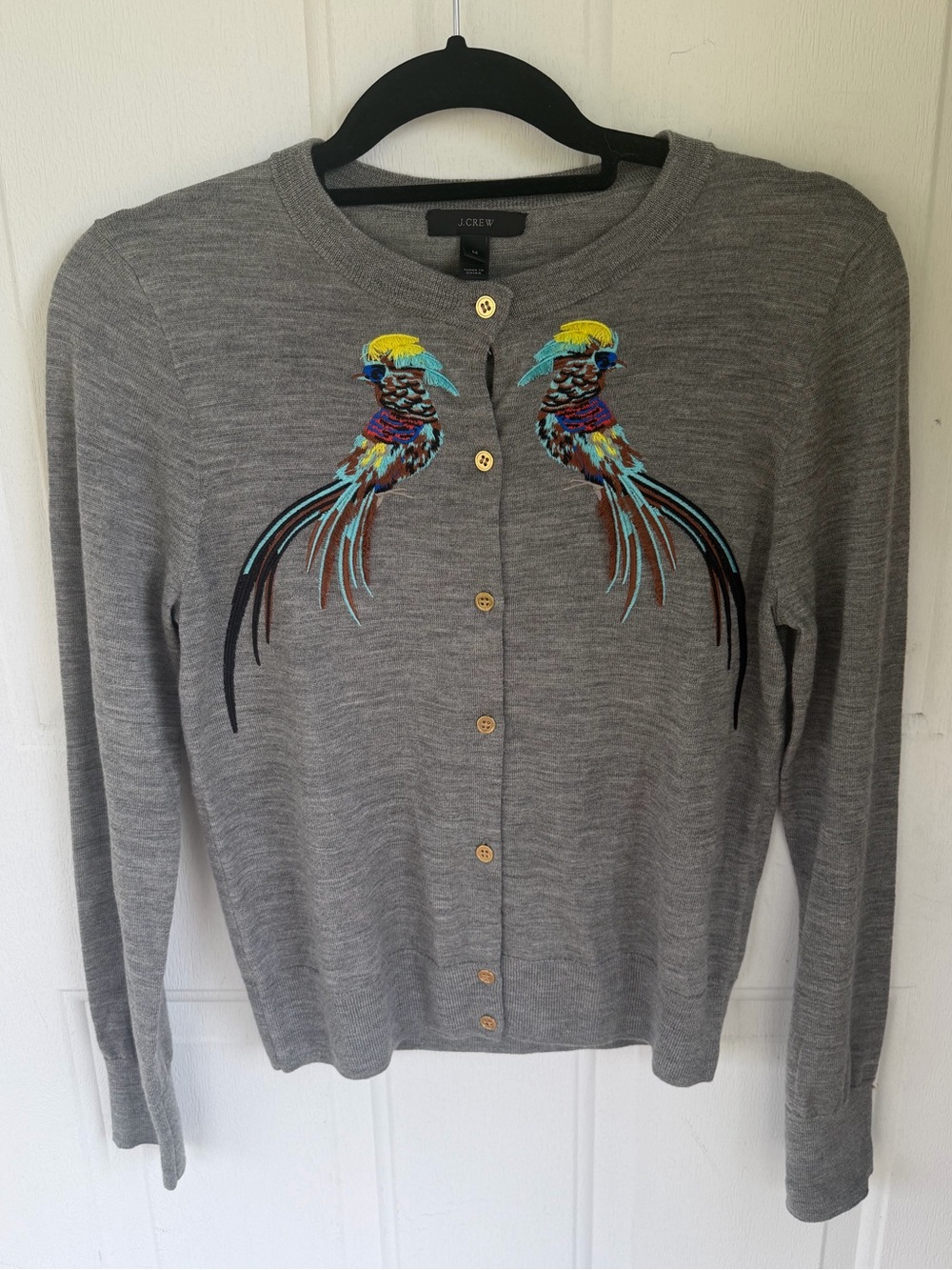 J.Crew Jackie Embroidered Pheasant Merino Wool Cardigan Medium